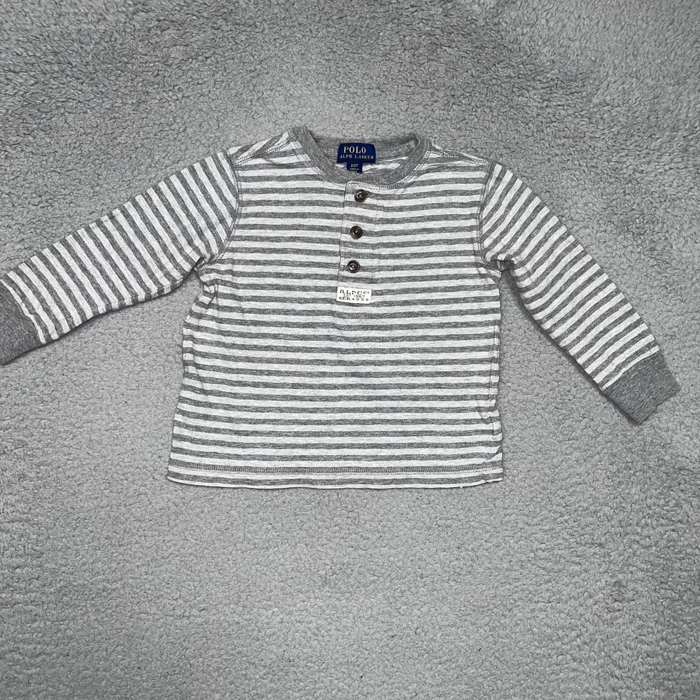 Polo Ralph Lauren Shirt Toddler Sz 2/2T Gray White Stripes Henley Long Sleeve